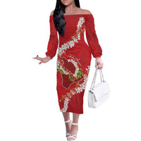 Hawaii Island Flowers Lei Off The Shoulder Long Sleeve Dress Ohia Lehua Scarlet Red