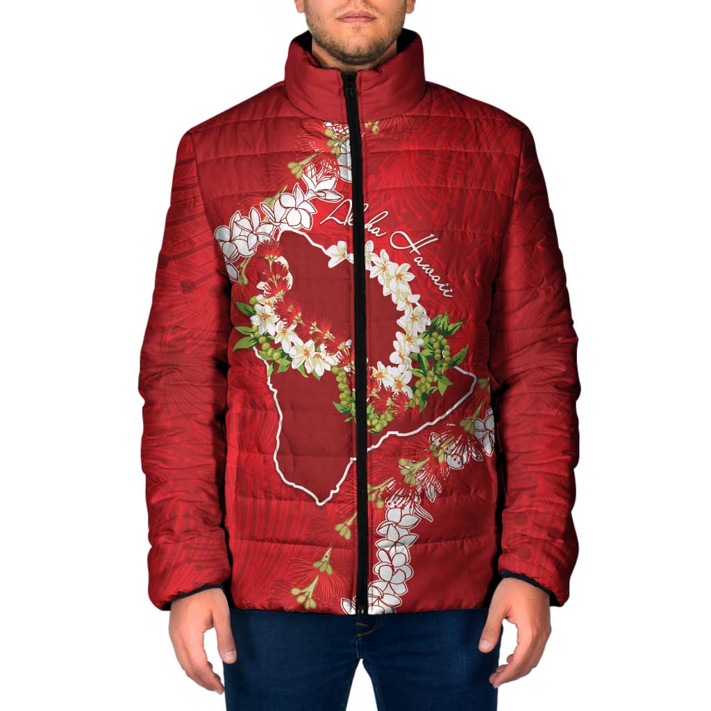 Hawaii Island Flowers Lei Padded Jacket Ohia Lehua Scarlet Red LT7 Men Red - Polynesian Pride