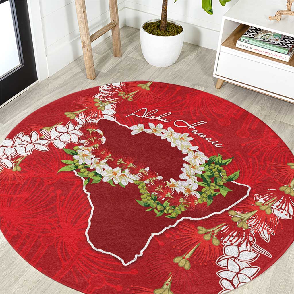 Hawaii Island Flowers Lei Round Carpet Ohia Lehua Scarlet Red