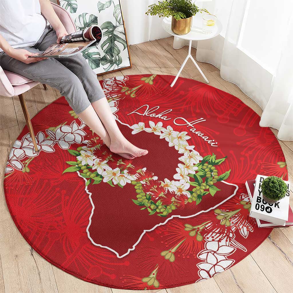 Hawaii Island Flowers Lei Round Carpet Ohia Lehua Scarlet Red