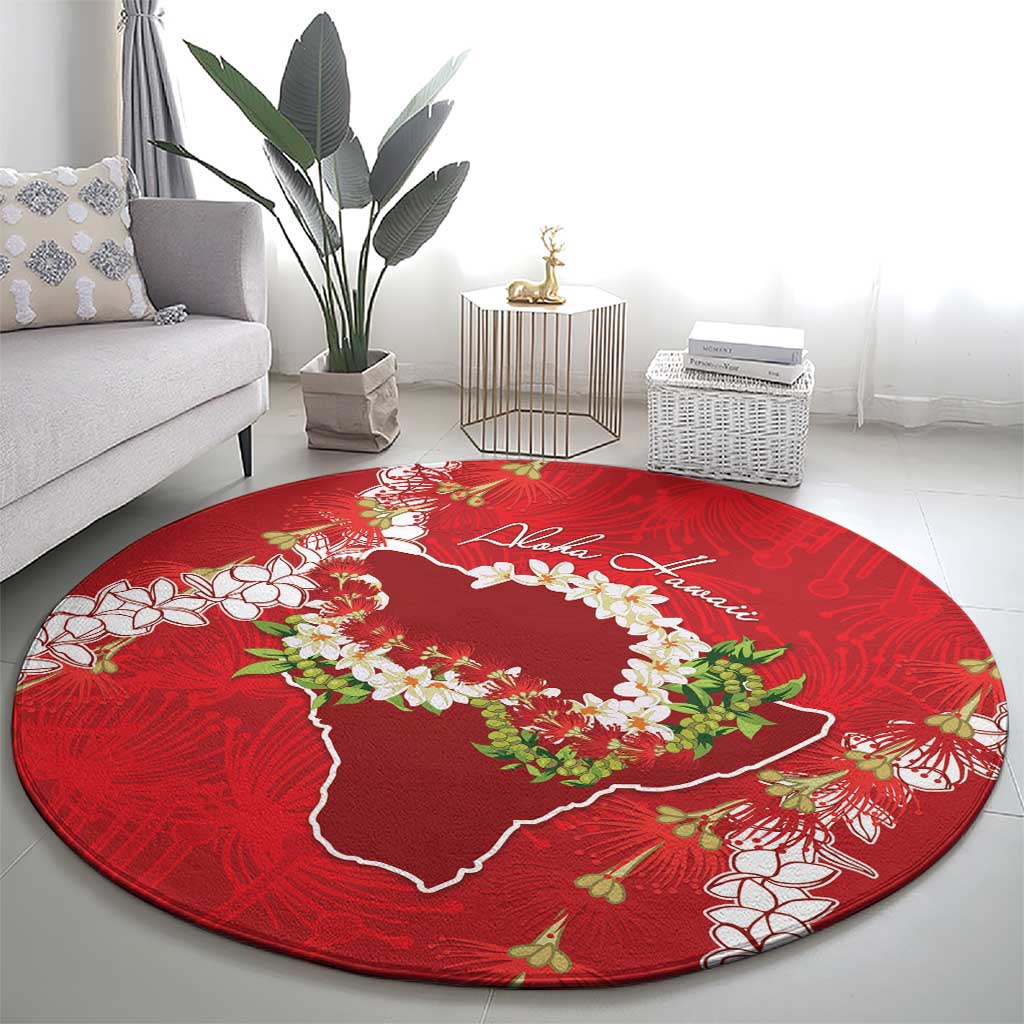 Hawaii Island Flowers Lei Round Carpet Ohia Lehua Scarlet Red