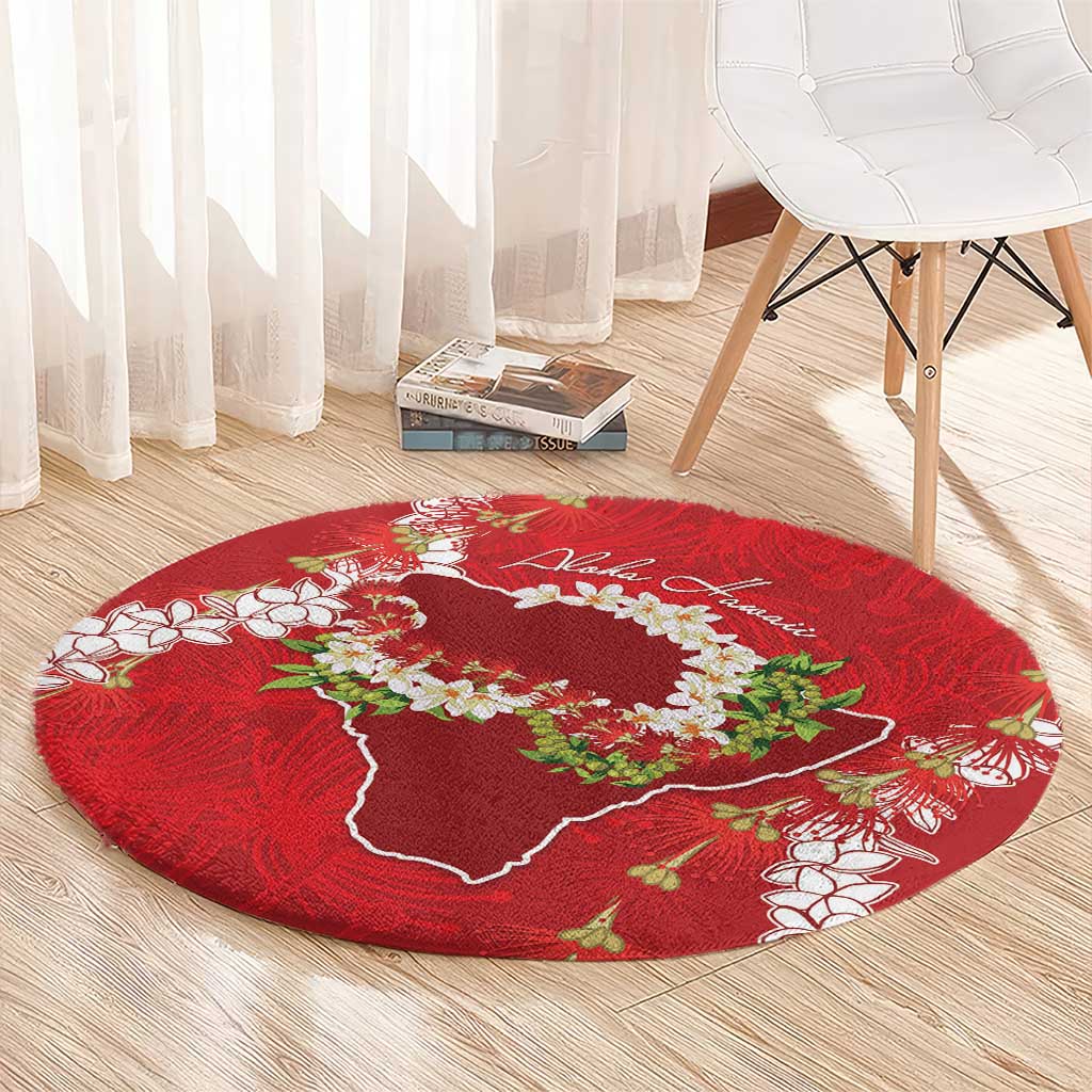 Hawaii Island Flowers Lei Round Carpet Ohia Lehua Scarlet Red
