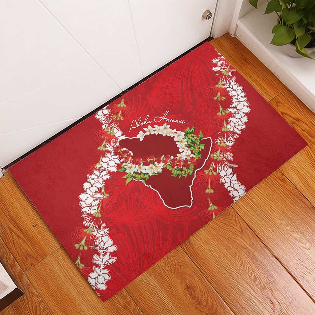Hawaii Island Flowers Lei Rubber Doormat Ohia Lehua Scarlet Red