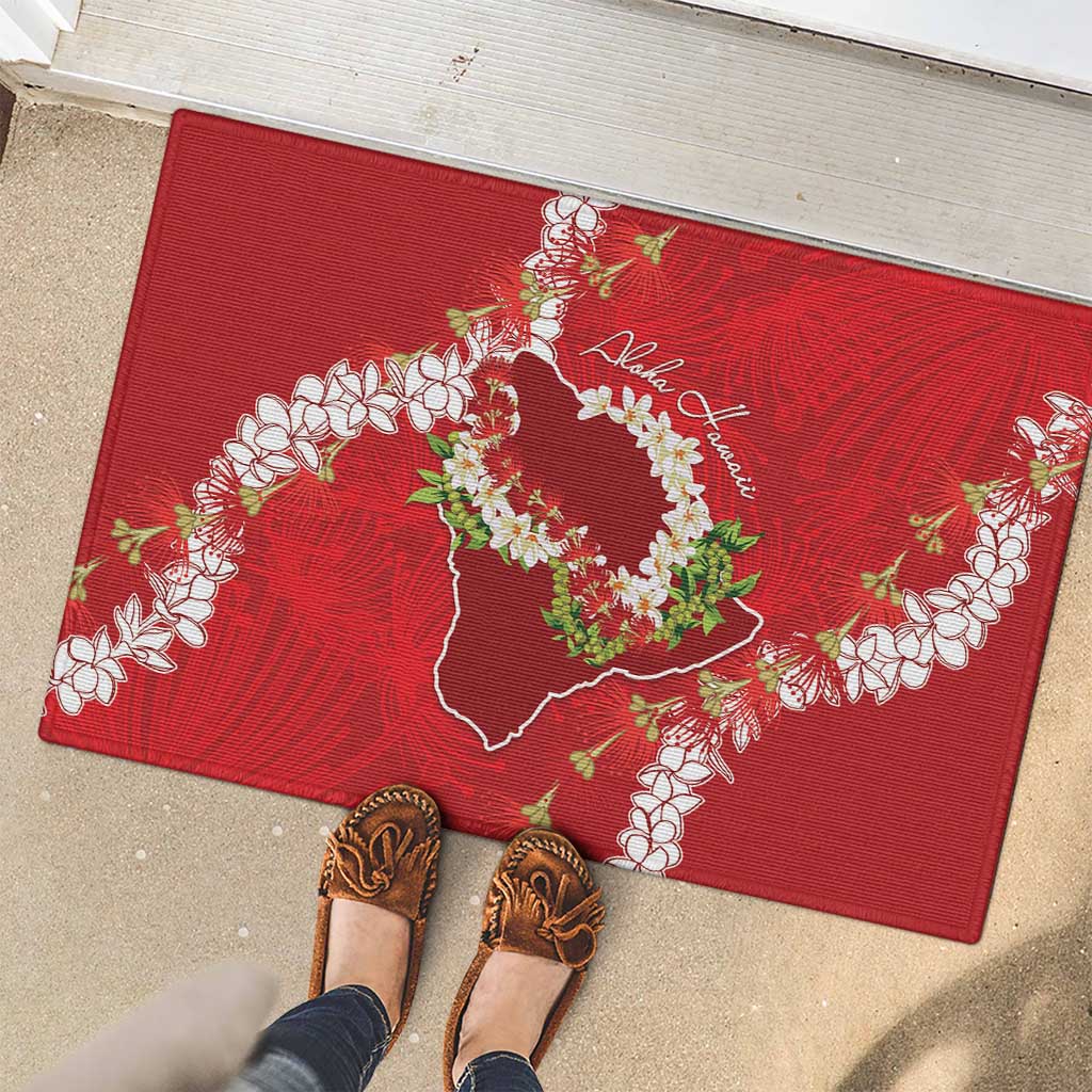 Hawaii Island Flowers Lei Rubber Doormat Ohia Lehua Scarlet Red