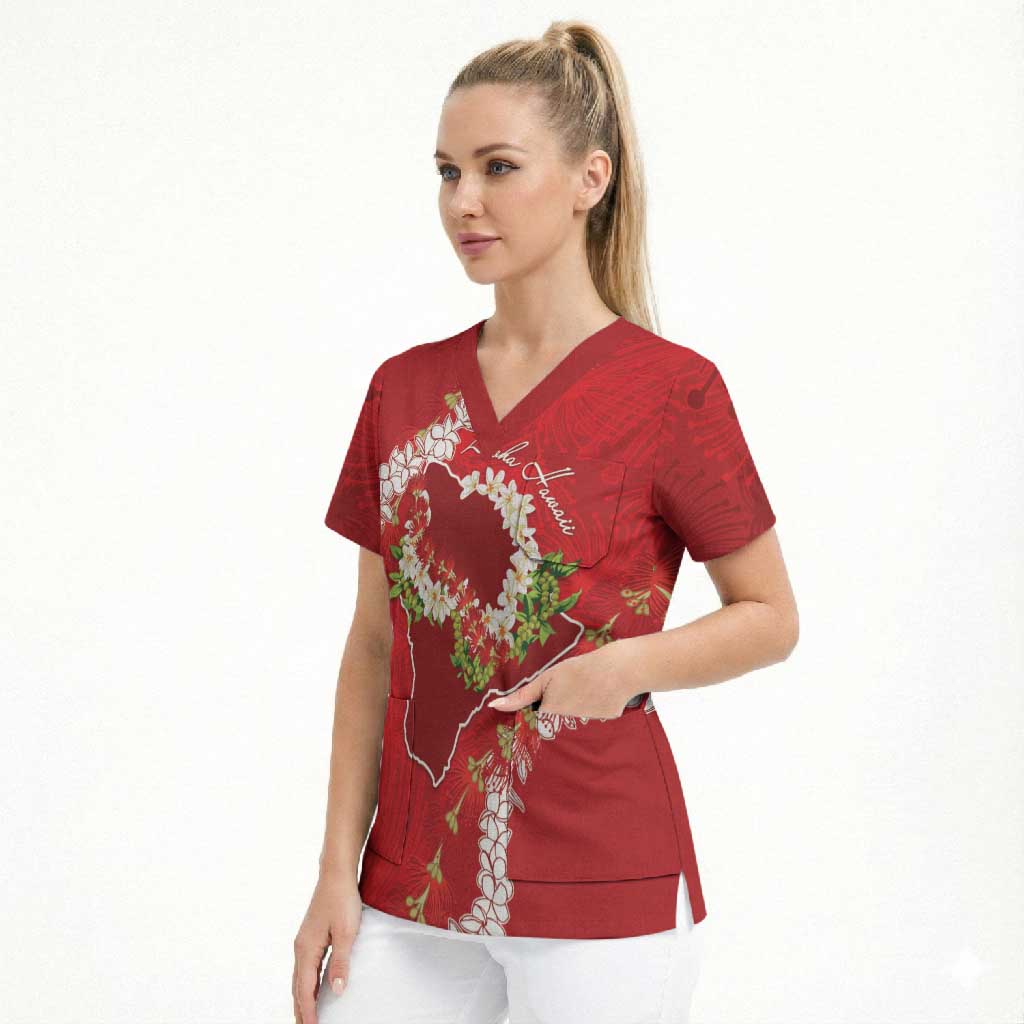 Hawaii Island Flowers Lei Scrub Top Ohia Lehua Scarlet Red LT7 - Polynesian Pride