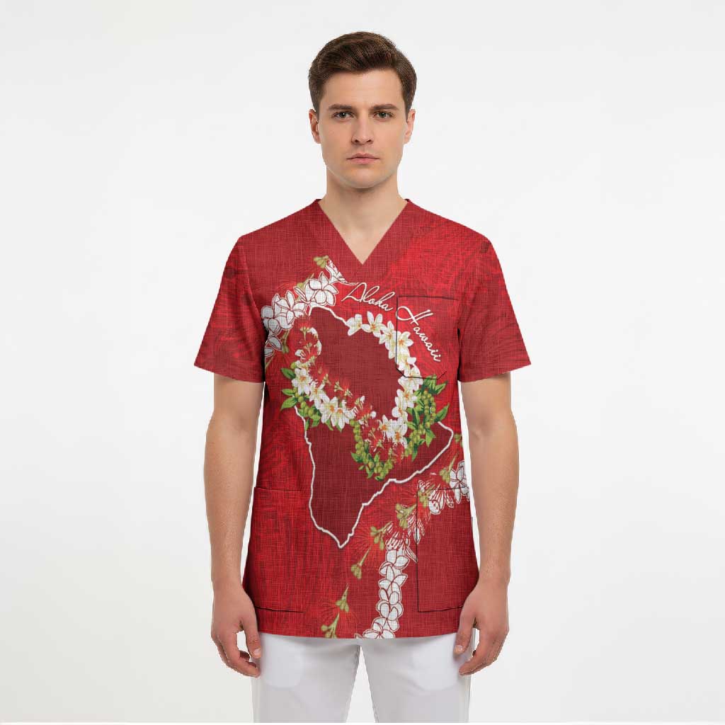 Hawaii Island Flowers Lei Scrub Top Ohia Lehua Scarlet Red LT7 - Polynesian Pride