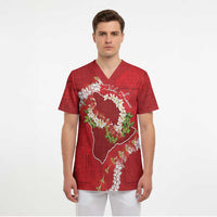 Hawaii Island Flowers Lei Scrub Top Ohia Lehua Scarlet Red LT7 - Polynesian Pride