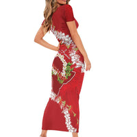 Hawaii Island Flowers Lei Short Sleeve Bodycon Dress Ohia Lehua Scarlet Red