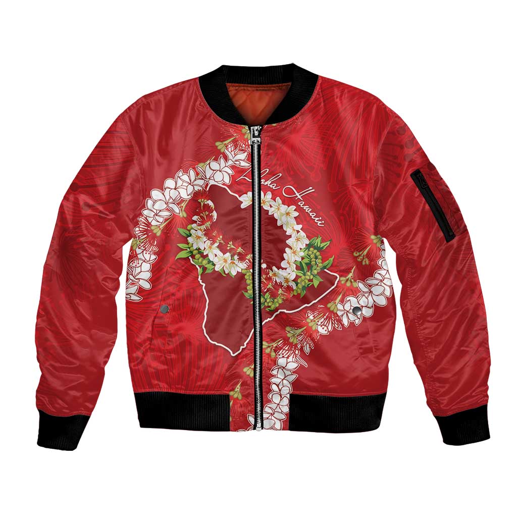 Hawaii Island Flowers Lei Sleeve Zip Bomber Jacket Ohia Lehua Scarlet Red
