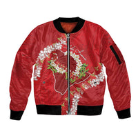Hawaii Island Flowers Lei Sleeve Zip Bomber Jacket Ohia Lehua Scarlet Red