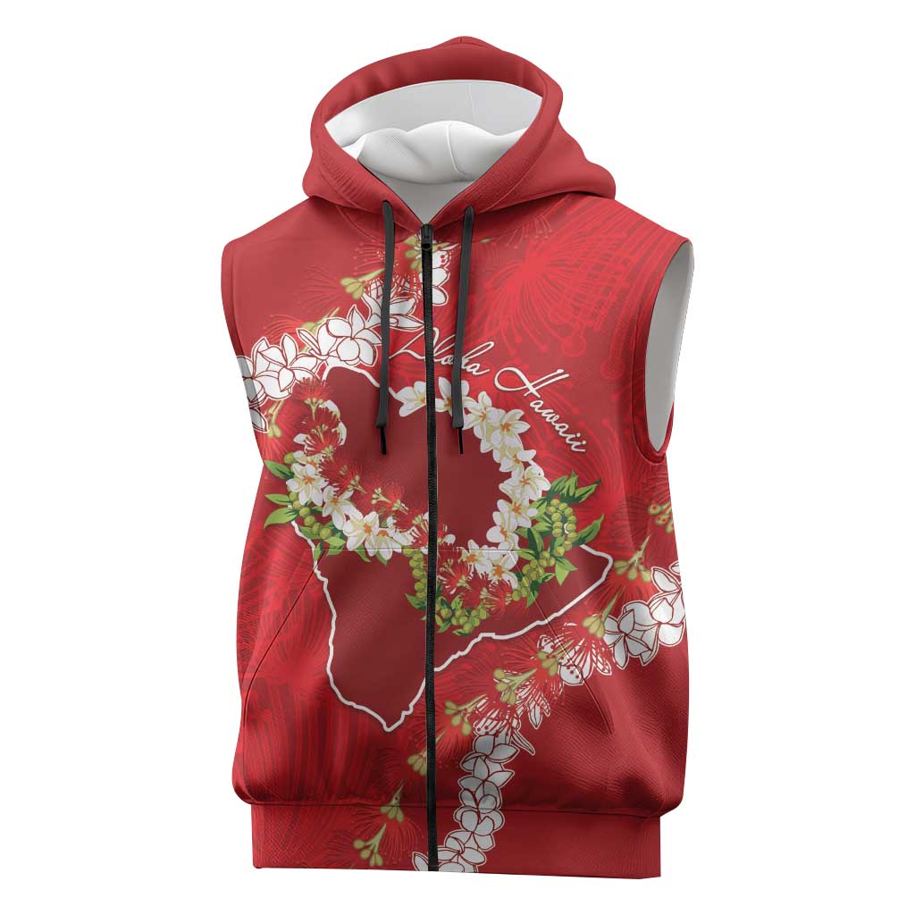 Hawaii Island Flowers Lei Sleeveless Zip Hoodie Ohia Lehua Scarlet Red