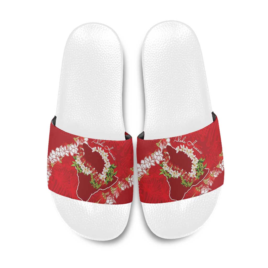 Hawaii Island Flowers Lei Slide Sandals Ohia Lehua Scarlet Red