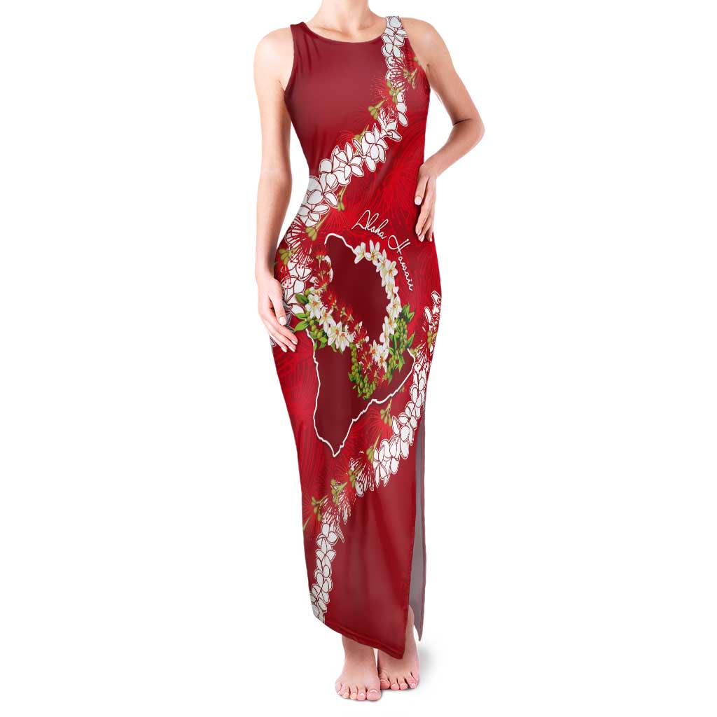 Hawaii Island Flowers Lei Tank Maxi Dress Ohia Lehua Scarlet Red