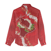 Hawaii Island Flowers Lei Women Casual Shirt Ohia Lehua Scarlet Red