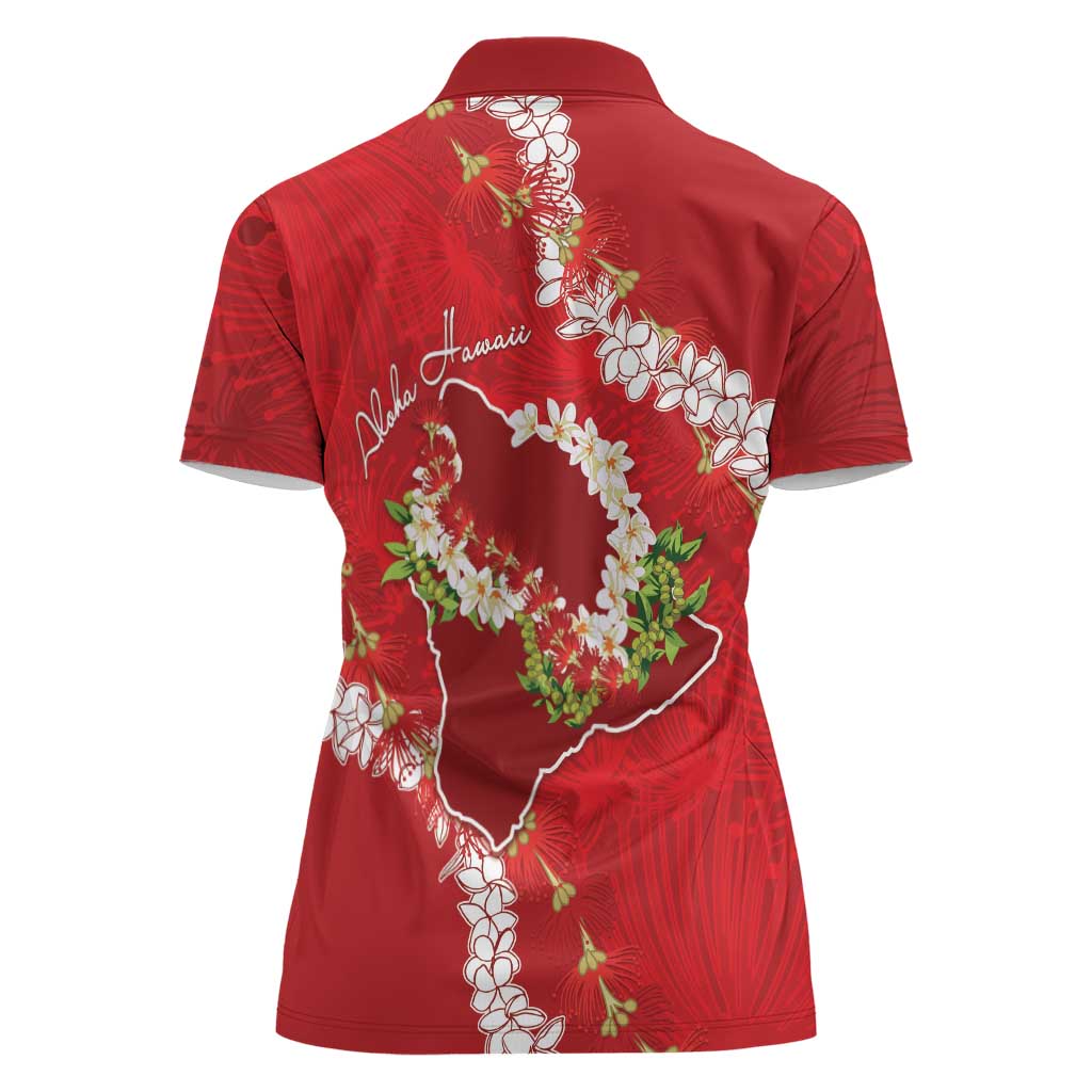 Hawaii Island Flowers Lei Women Polo Shirt Ohia Lehua Scarlet Red