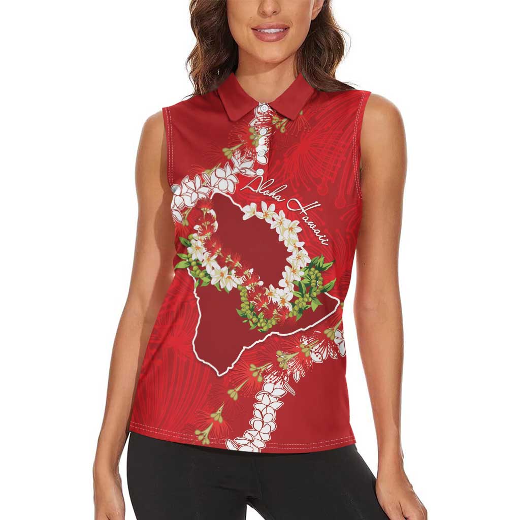 Hawaii Island Flowers Lei Women Sleeveless Polo Shirt Ohia Lehua Scarlet Red