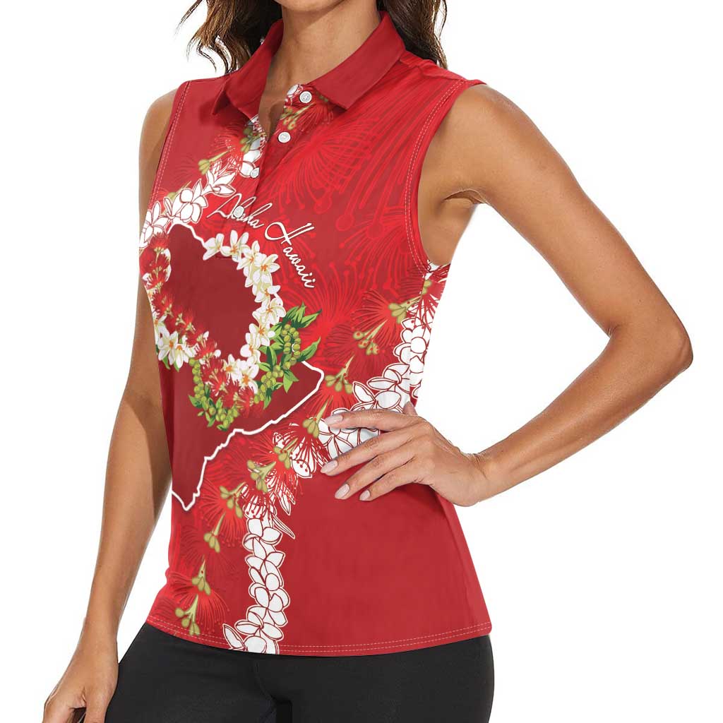 Hawaii Island Flowers Lei Women Sleeveless Polo Shirt Ohia Lehua Scarlet Red