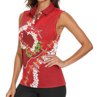 Hawaii Island Flowers Lei Women Sleeveless Polo Shirt Ohia Lehua Scarlet Red