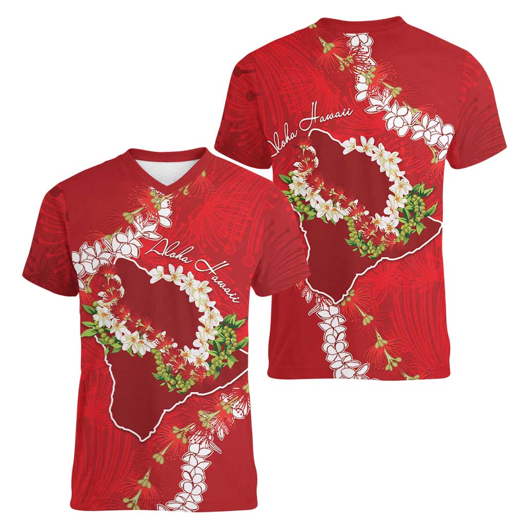 Hawaii Island Flowers Lei Women V-Neck T-Shirt Ohia Lehua Scarlet Red