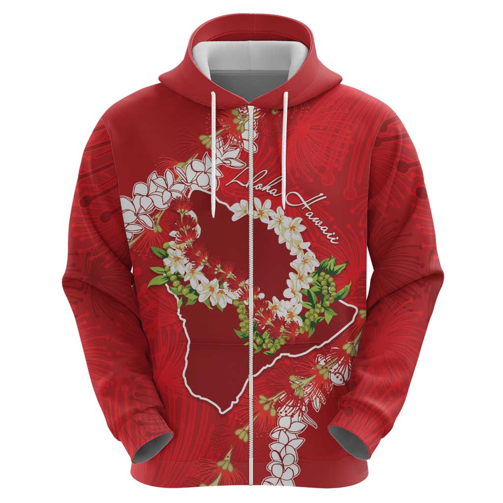 Hawaii Island Flowers Lei Zip Hoodie Ohia Lehua Scarlet Red