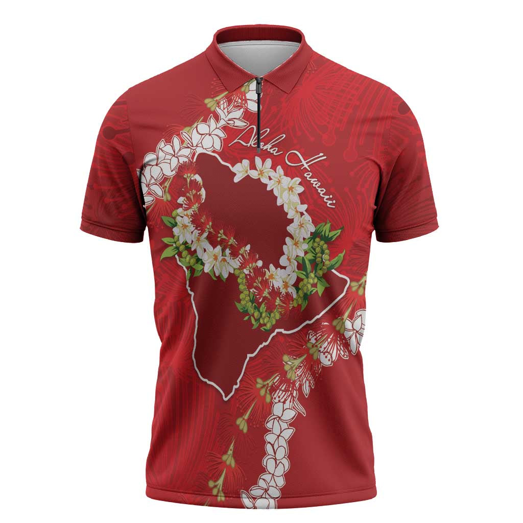 Hawaii Island Flowers Lei Zipper Polo Shirt Ohia Lehua Scarlet Red