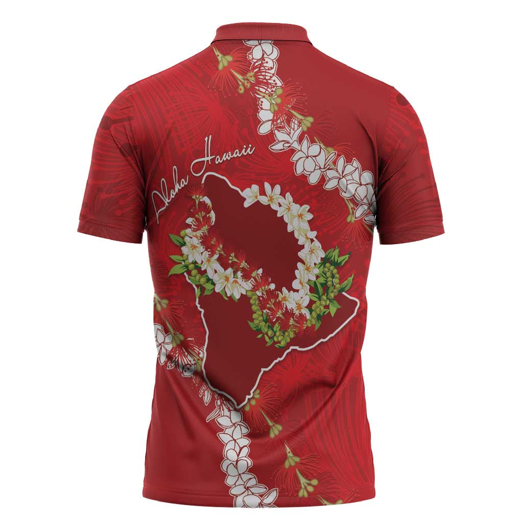 Hawaii Island Flowers Lei Zipper Polo Shirt Ohia Lehua Scarlet Red