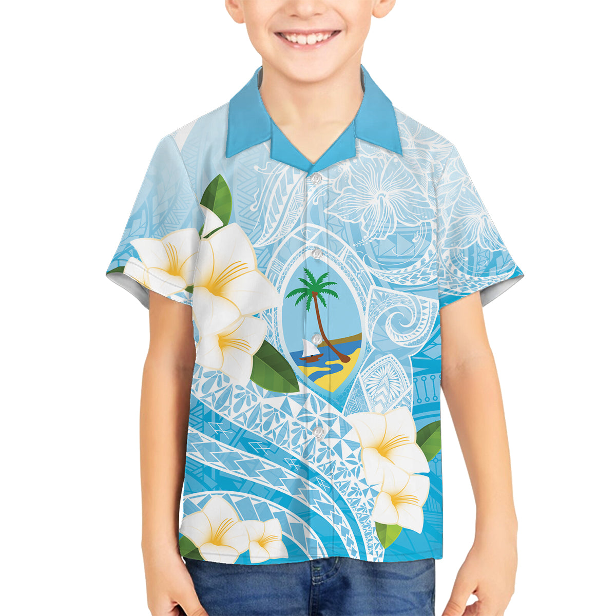 Guam Chamorro Guasali Flowers Family Matching Long Sleeve Bodycon Dress and Hawaiian Shirt Aqua Gradient
