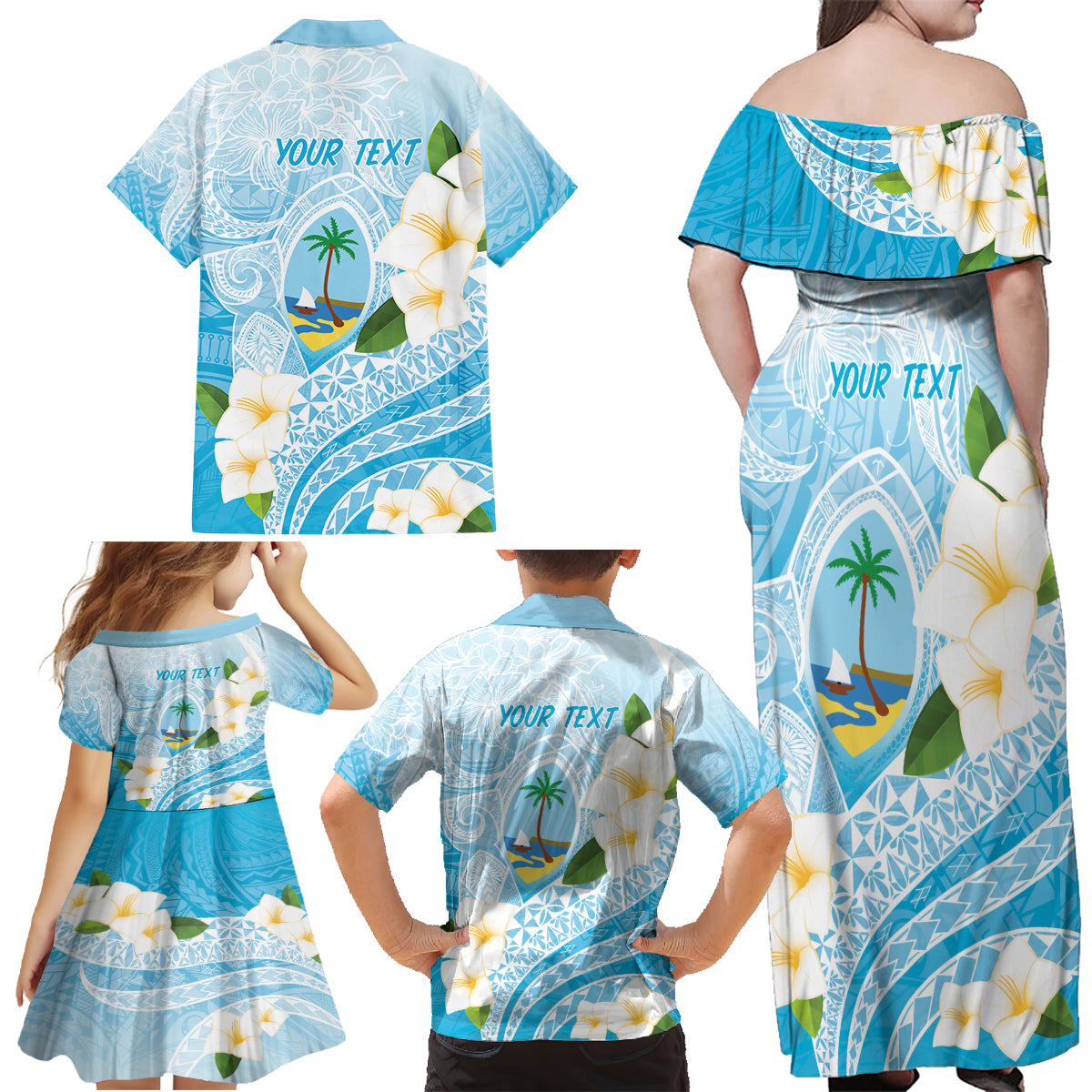 Guam Chamorro Guasali Flowers Family Matching Off Shoulder Maxi Dress and Hawaiian Shirt Aqua Gradient