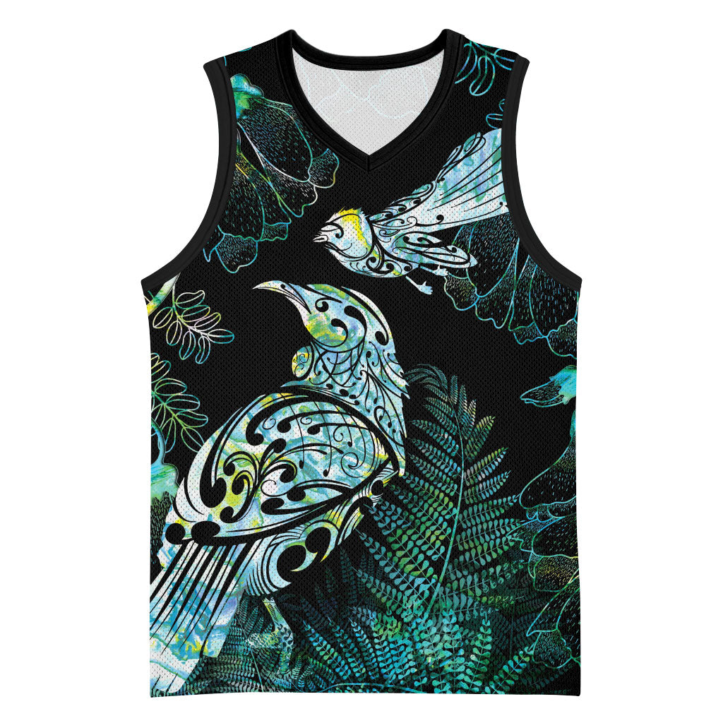 Aotearoa Maori Mahuru Basketball Jersey Spring Time - Paua Shell Green LT7 Unisex Black - Polynesian Pride