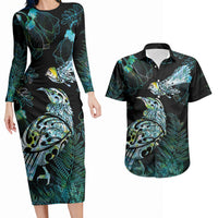 Aotearoa Maori Mahuru Couples Matching Long Sleeve Bodycon Dress and Hawaiian Shirt Spring Time - Paua Shell Green LT7 Black - Polynesian Pride