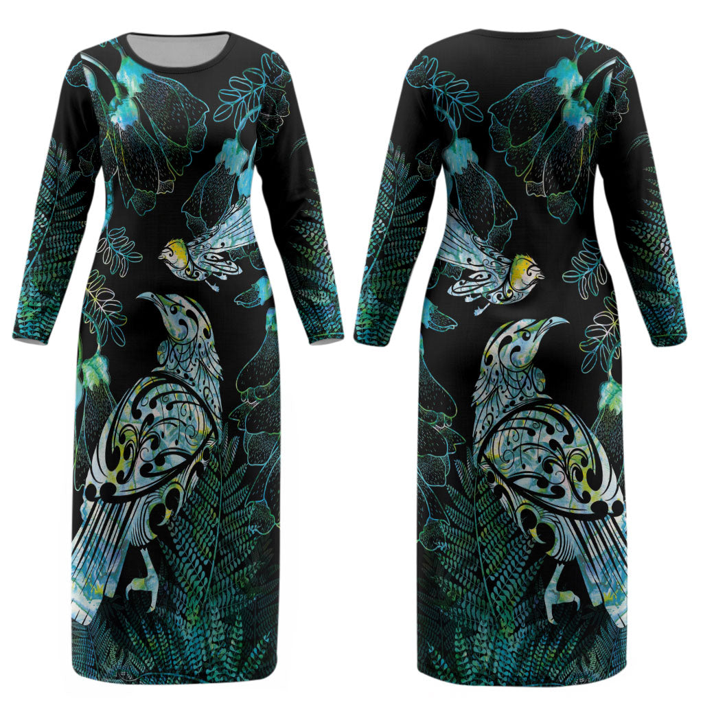 Aotearoa Maori Mahuru Couples Matching Long Sleeve Bodycon Dress and Hawaiian Shirt Spring Time - Paua Shell Green LT7 - Polynesian Pride