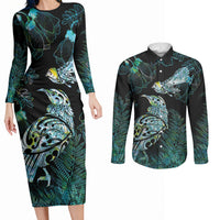 Aotearoa Maori Mahuru Couples Matching Long Sleeve Bodycon Dress and Long Sleeve Button Shirt Spring Time - Paua Shell Green LT7 Black - Polynesian Pride