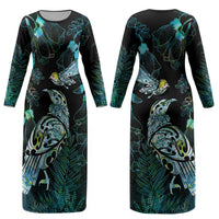 Aotearoa Maori Mahuru Couples Matching Long Sleeve Bodycon Dress and Long Sleeve Button Shirt Spring Time - Paua Shell Green LT7 - Polynesian Pride