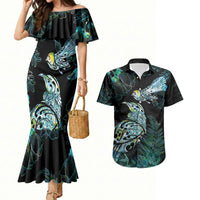 Aotearoa Maori Mahuru Couples Matching Mermaid Dress and Hawaiian Shirt Spring Time - Paua Shell Green LT7 Black - Polynesian Pride