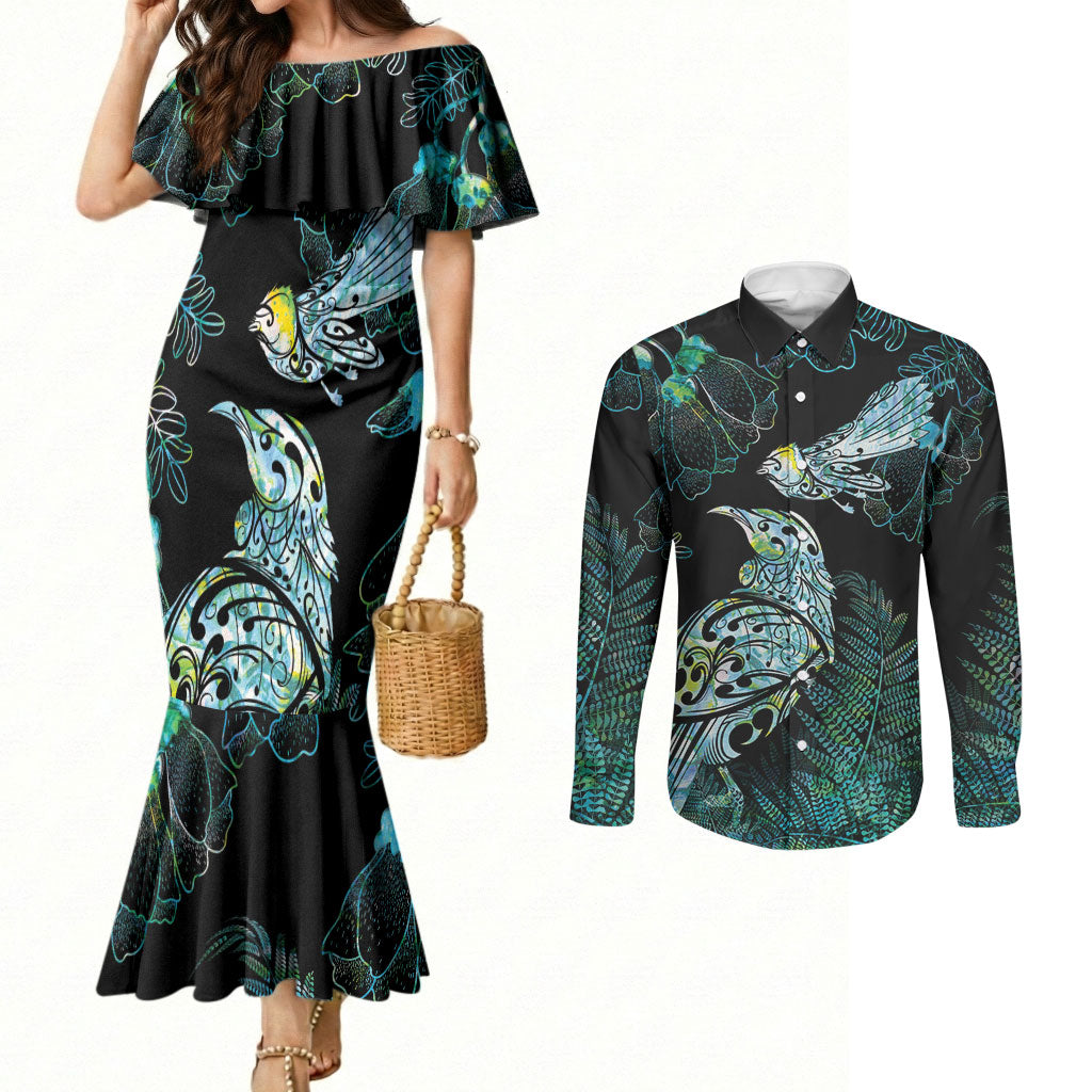 Aotearoa Maori Mahuru Couples Matching Mermaid Dress and Long Sleeve Button Shirt Spring Time - Paua Shell Green LT7 Black - Polynesian Pride