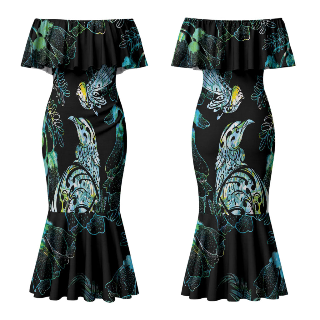 Aotearoa Maori Mahuru Couples Matching Mermaid Dress and Long Sleeve Button Shirt Spring Time - Paua Shell Green LT7 - Polynesian Pride