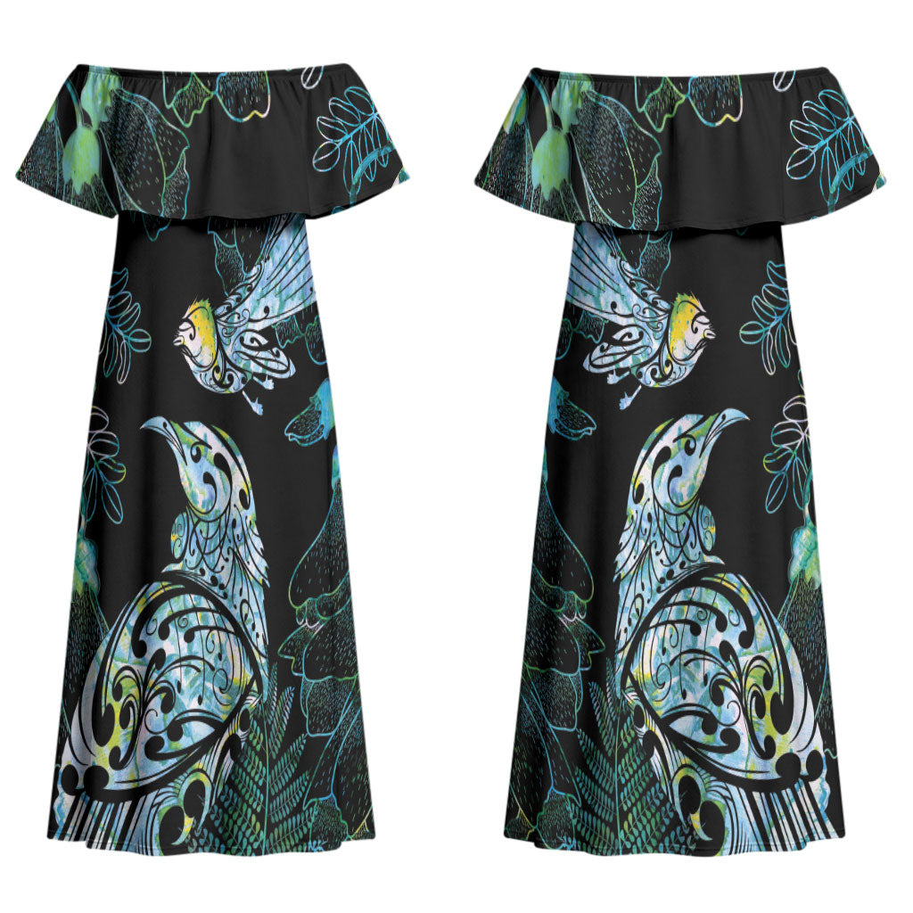 Aotearoa Maori Mahuru Couples Matching Off Shoulder Maxi Dress and Hawaiian Shirt Spring Time - Paua Shell Green LT7 - Polynesian Pride