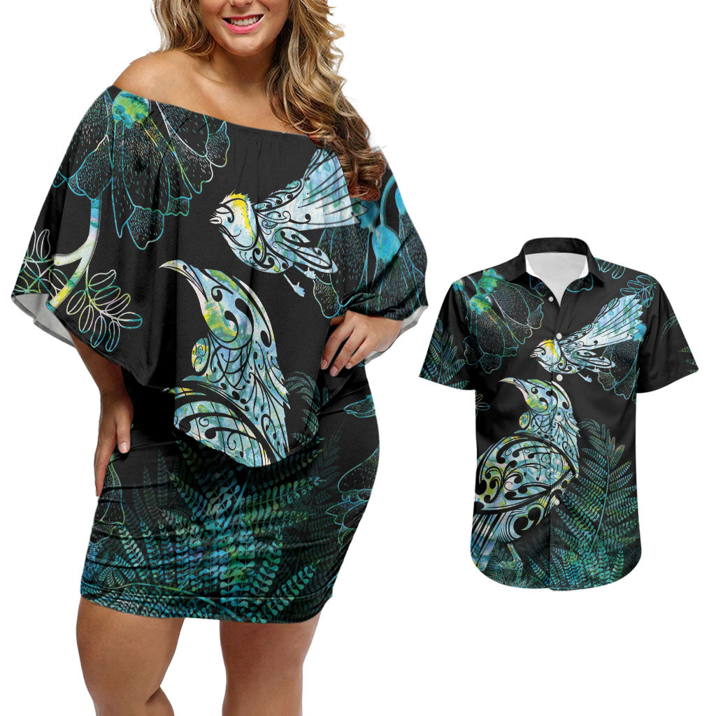 Aotearoa Maori Mahuru Couples Matching Off Shoulder Short Dress and Hawaiian Shirt Spring Time - Paua Shell Green LT7 Black - Polynesian Pride