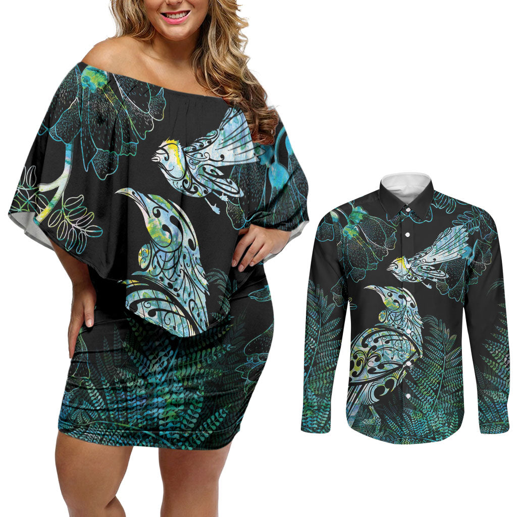 Aotearoa Maori Mahuru Couples Matching Off Shoulder Short Dress and Long Sleeve Button Shirt Spring Time - Paua Shell Green LT7 Black - Polynesian Pride