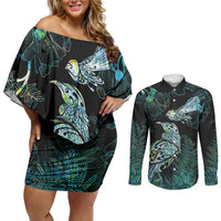 Aotearoa Maori Mahuru Couples Matching Off Shoulder Short Dress and Long Sleeve Button Shirt Spring Time - Paua Shell Green LT7 Black - Polynesian Pride