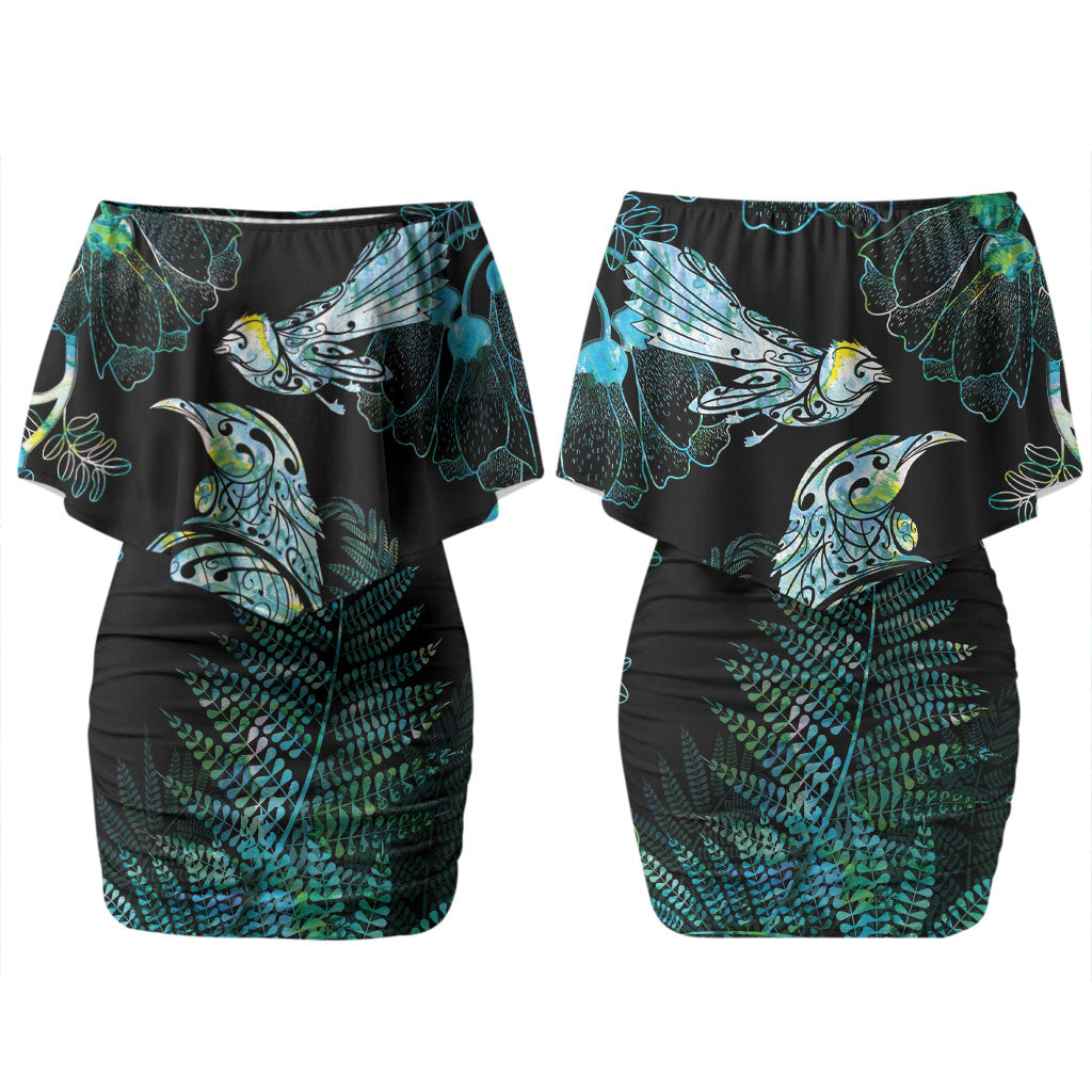 Aotearoa Maori Mahuru Couples Matching Off Shoulder Short Dress and Long Sleeve Button Shirt Spring Time - Paua Shell Green LT7 - Polynesian Pride