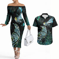Aotearoa Maori Mahuru Couples Matching Off The Shoulder Long Sleeve Dress and Hawaiian Shirt Spring Time - Paua Shell Green LT7 Black - Polynesian Pride