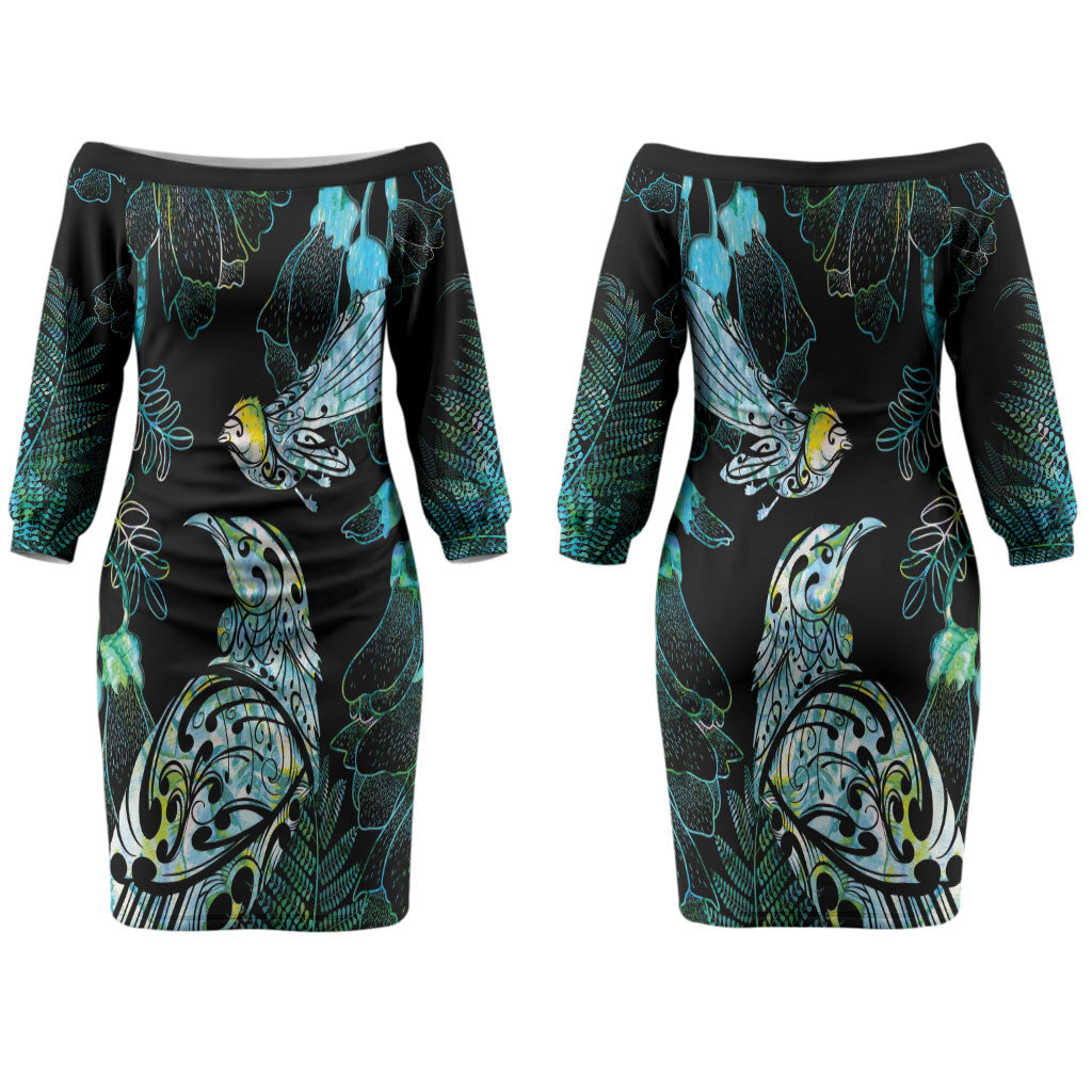 Aotearoa Maori Mahuru Couples Matching Off The Shoulder Long Sleeve Dress and Hawaiian Shirt Spring Time - Paua Shell Green LT7 - Polynesian Pride