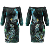 Aotearoa Maori Mahuru Couples Matching Off The Shoulder Long Sleeve Dress and Hawaiian Shirt Spring Time - Paua Shell Green LT7 - Polynesian Pride
