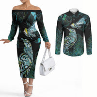 Aotearoa Maori Mahuru Couples Matching Off The Shoulder Long Sleeve Dress and Long Sleeve Button Shirt Spring Time - Paua Shell Green LT7 Black - Polynesian Pride
