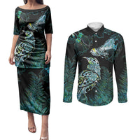 Aotearoa Maori Mahuru Couples Matching Puletasi and Long Sleeve Button Shirt Spring Time - Paua Shell Green LT7 Black - Polynesian Pride