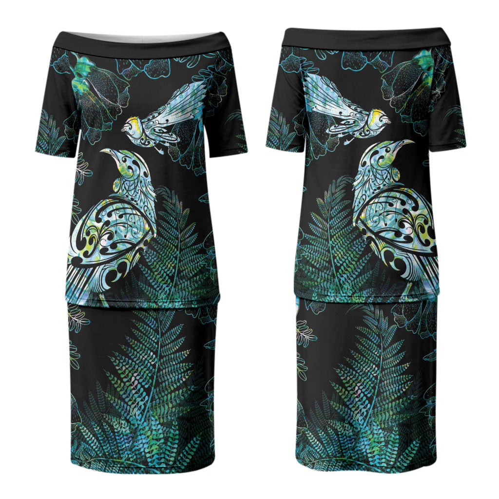Aotearoa Maori Mahuru Couples Matching Puletasi and Long Sleeve Button Shirt Spring Time - Paua Shell Green LT7 - Polynesian Pride