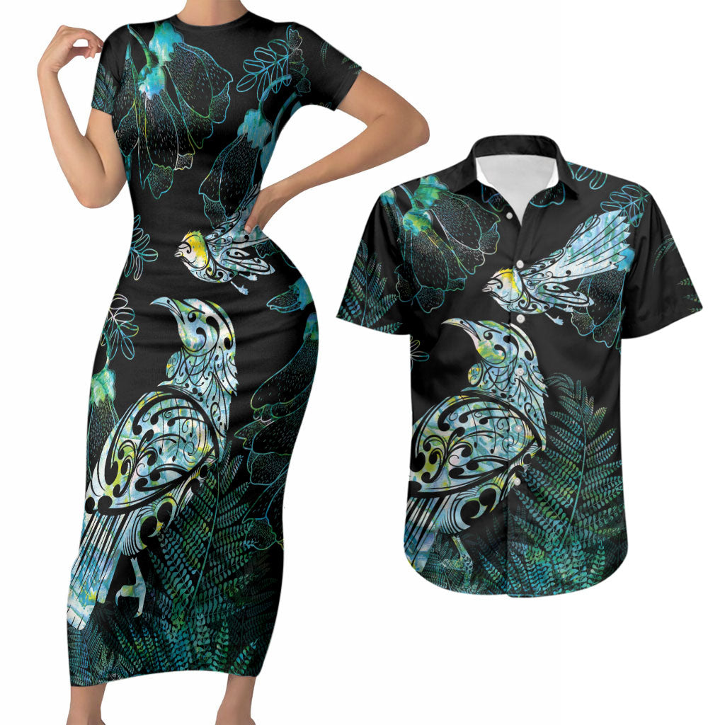 Aotearoa Maori Mahuru Couples Matching Short Sleeve Bodycon Dress and Hawaiian Shirt Spring Time - Paua Shell Green LT7 Black - Polynesian Pride
