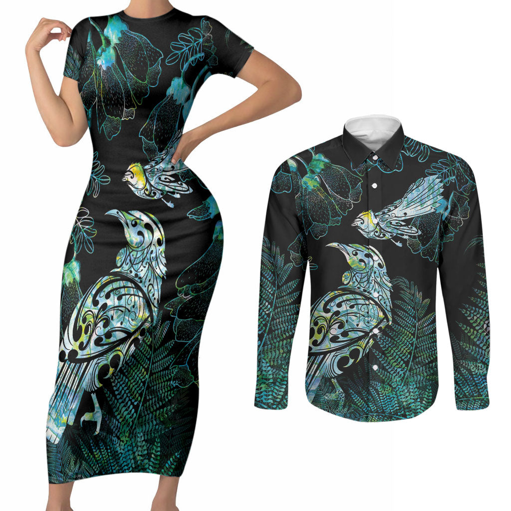 Aotearoa Maori Mahuru Couples Matching Short Sleeve Bodycon Dress and Long Sleeve Button Shirt Spring Time - Paua Shell Green LT7 Black - Polynesian Pride