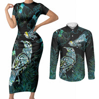 Aotearoa Maori Mahuru Couples Matching Short Sleeve Bodycon Dress and Long Sleeve Button Shirt Spring Time - Paua Shell Green LT7 Black - Polynesian Pride